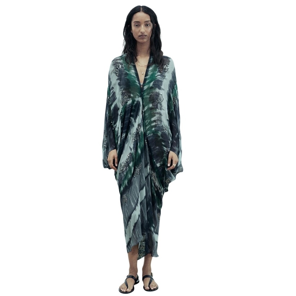 Zara Sequin Caftan Women S Green Grey Boho Beach Coverup Loungewear Maximalist